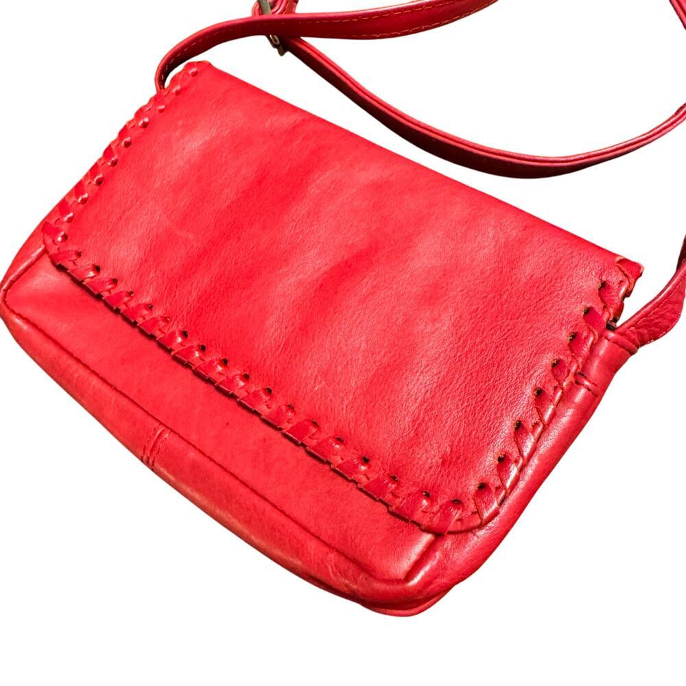 Vintage Inspired Red Leather Crossbody Bag with Hand-Stitched Details Boho